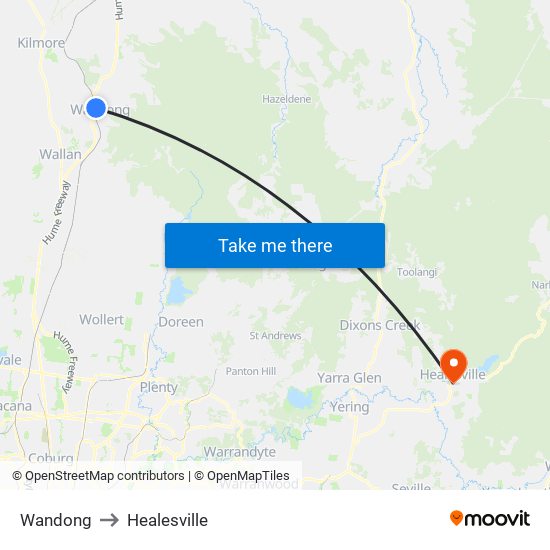 Wandong to Healesville map