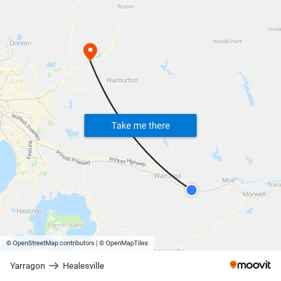 Yarragon to Healesville map