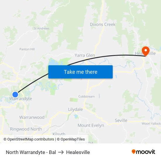 North Warrandyte - Bal to Healesville map