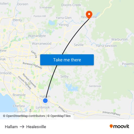 Hallam to Healesville map