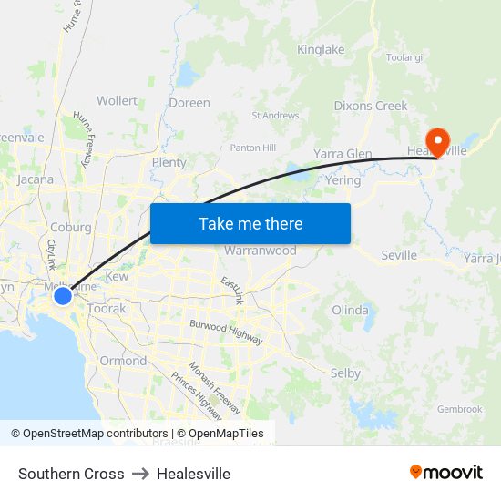 Southern Cross to Healesville map