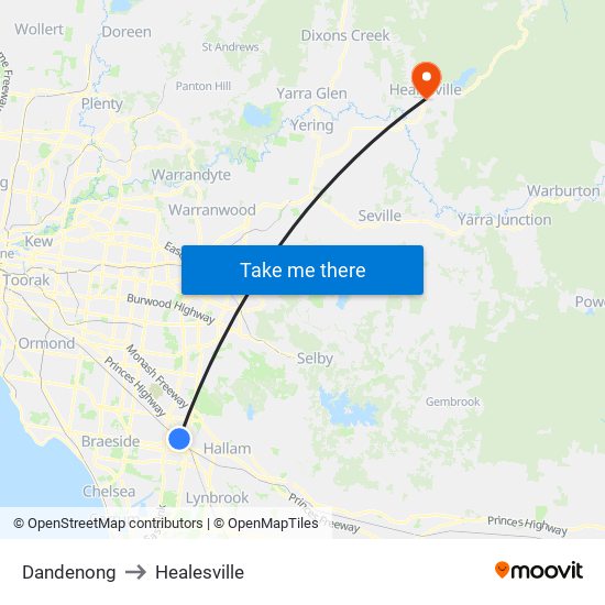 Dandenong to Healesville map