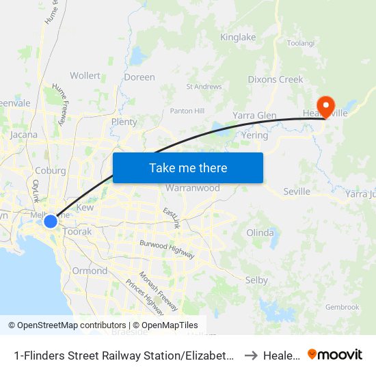 1-Flinders Street Railway Station/Elizabeth St (Melbourne City) to Healesville map