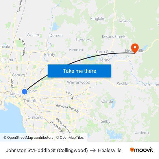 Johnston St/Hoddle St (Collingwood) to Healesville map