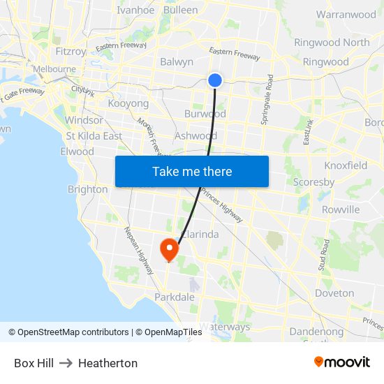 Box Hill to Heatherton map