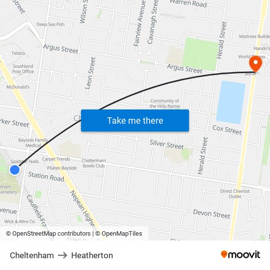 Cheltenham to Heatherton map