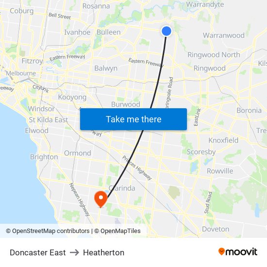 Doncaster East to Heatherton map
