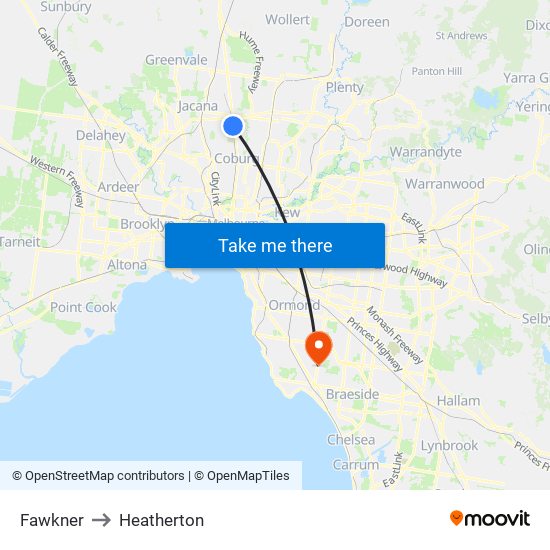 Fawkner to Heatherton map