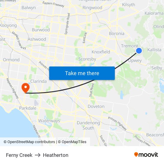 Ferny Creek to Heatherton map