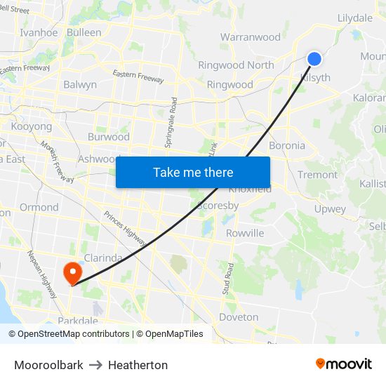 Mooroolbark to Heatherton map