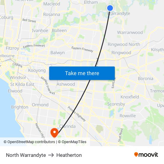 North Warrandyte to Heatherton map