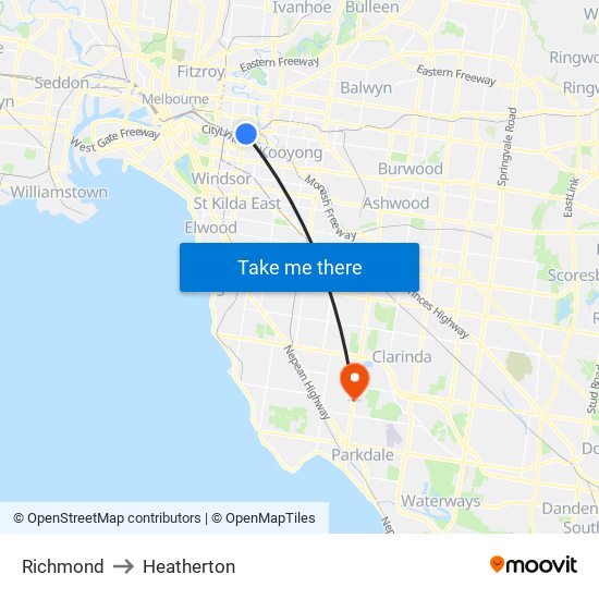 Richmond to Heatherton map