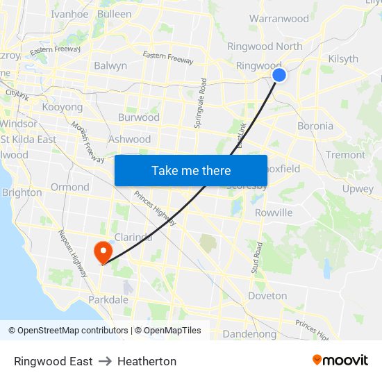 Ringwood East to Heatherton map