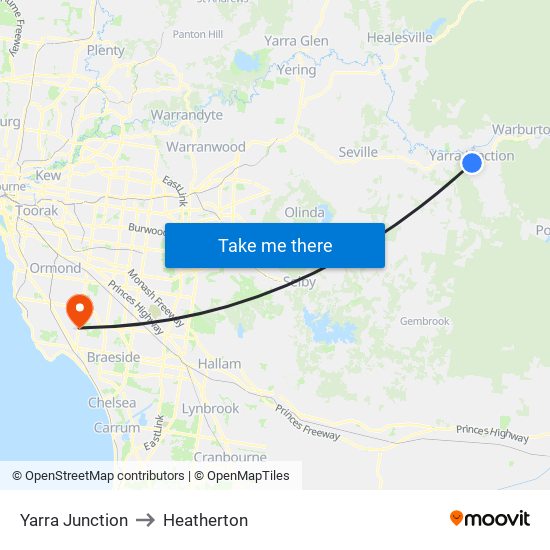 Yarra Junction to Heatherton map