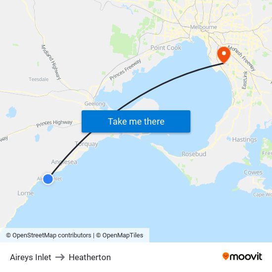 Aireys Inlet to Heatherton map