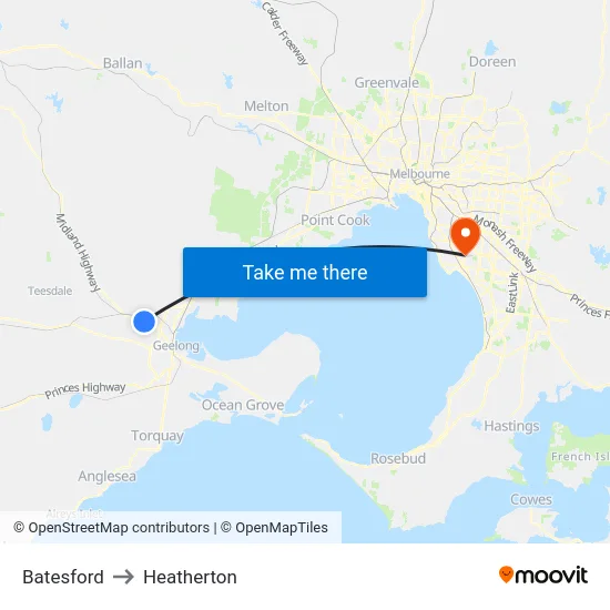 Batesford to Heatherton map