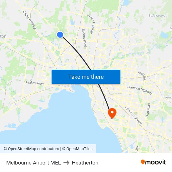 Melbourne Airport MEL to Heatherton map