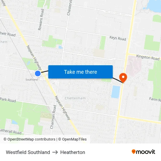 Westfield Southland to Heatherton map