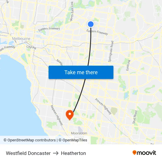 Westfield Doncaster to Heatherton map
