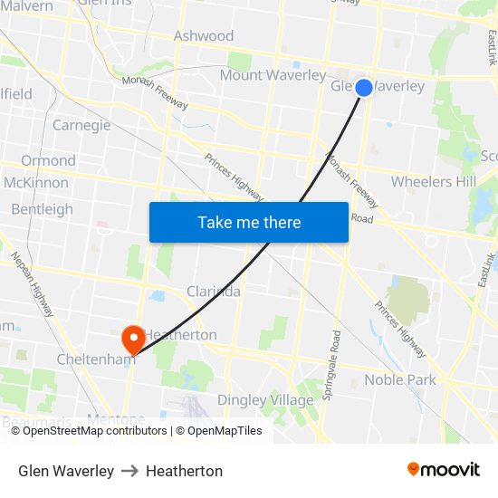 Glen Waverley to Heatherton map