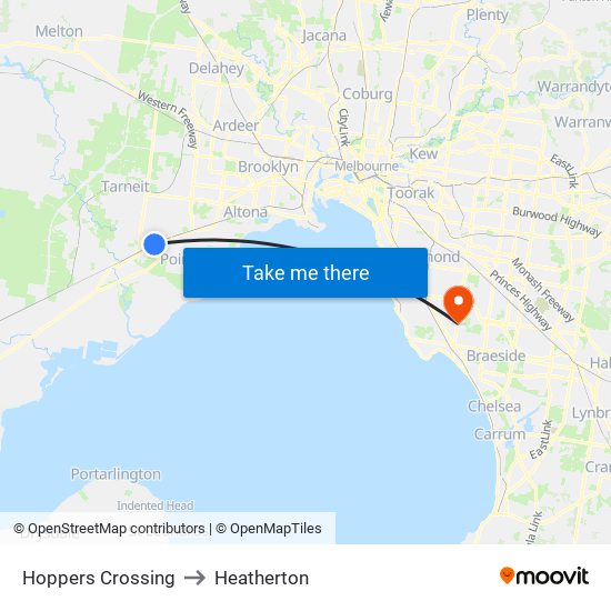 Hoppers Crossing to Heatherton map