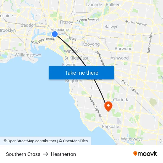Southern Cross to Heatherton map