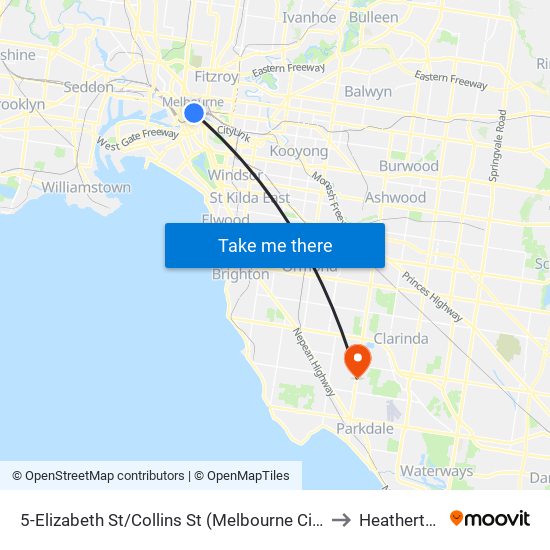 5-Elizabeth St/Collins St (Melbourne City) to Heatherton map