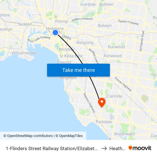 1-Flinders Street Railway Station/Elizabeth St (Melbourne City) to Heatherton map