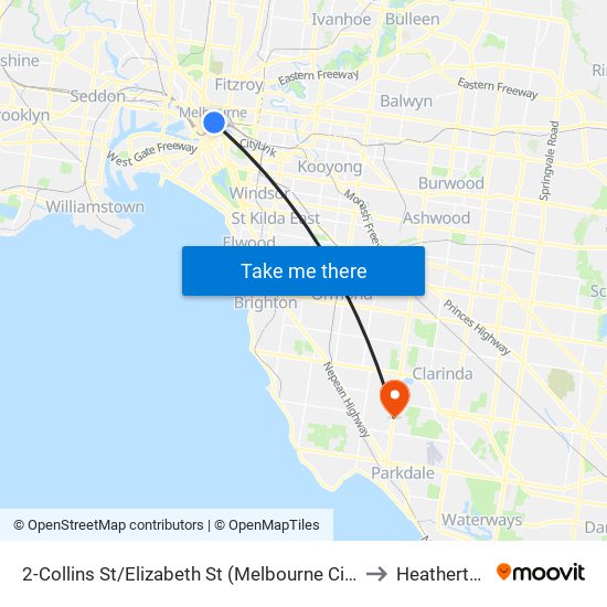 2-Collins St/Elizabeth St (Melbourne City) to Heatherton map