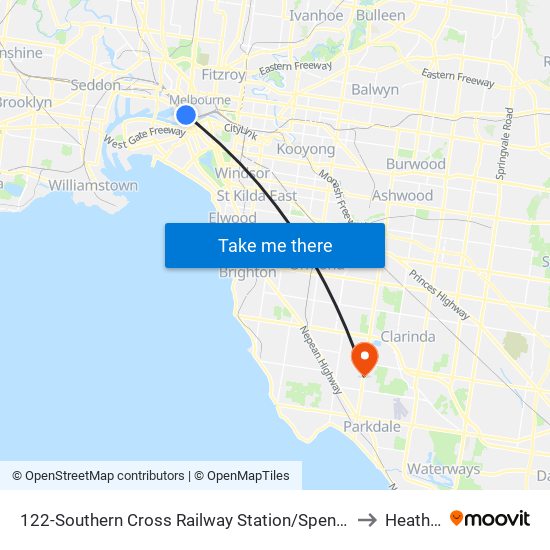 122-Southern Cross Railway Station/Spencer St (Melbourne City) to Heatherton map