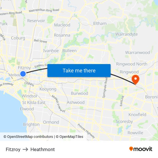 Fitzroy to Heathmont map