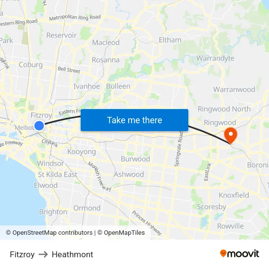 Fitzroy to Heathmont map