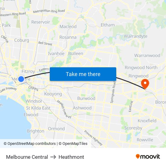 Melbourne Central to Heathmont map