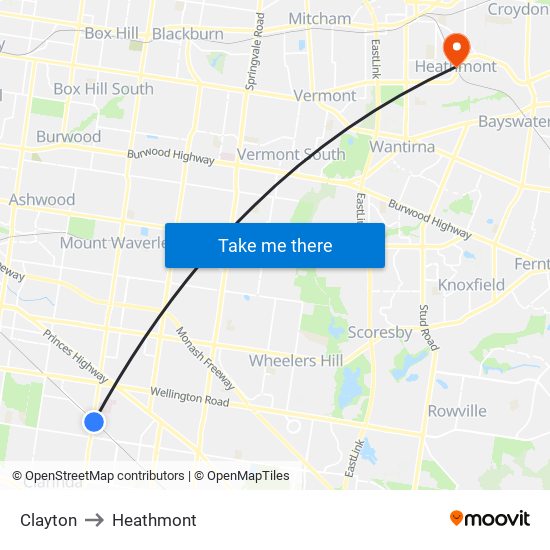 Clayton to Heathmont map