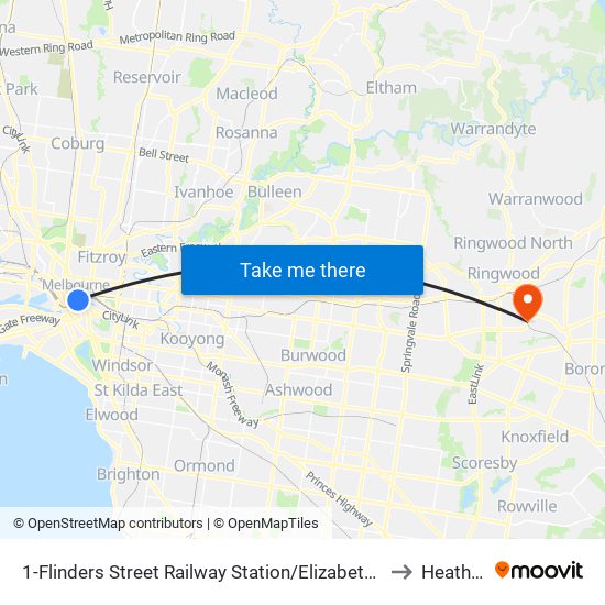 1-Flinders Street Railway Station/Elizabeth St (Melbourne City) to Heathmont map