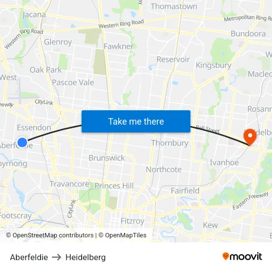 Aberfeldie to Heidelberg map