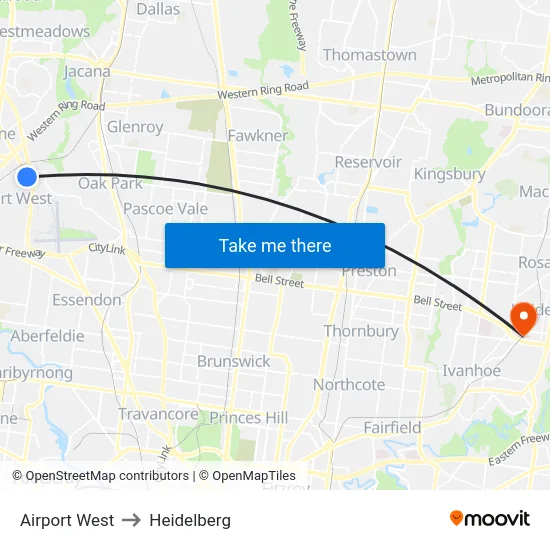 Airport West to Heidelberg map