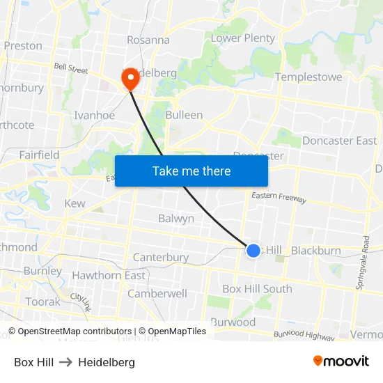 Box Hill to Heidelberg map