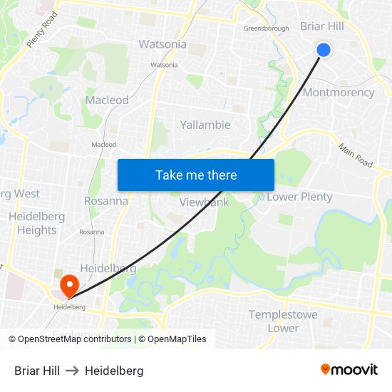 Briar Hill to Heidelberg map