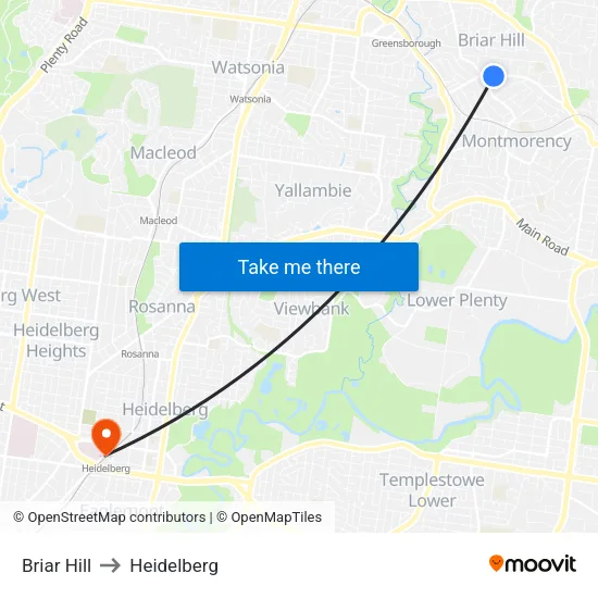 Briar Hill to Heidelberg map