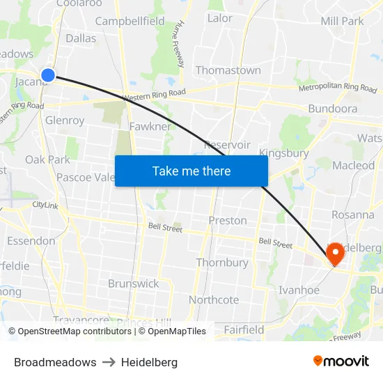 Broadmeadows to Heidelberg map