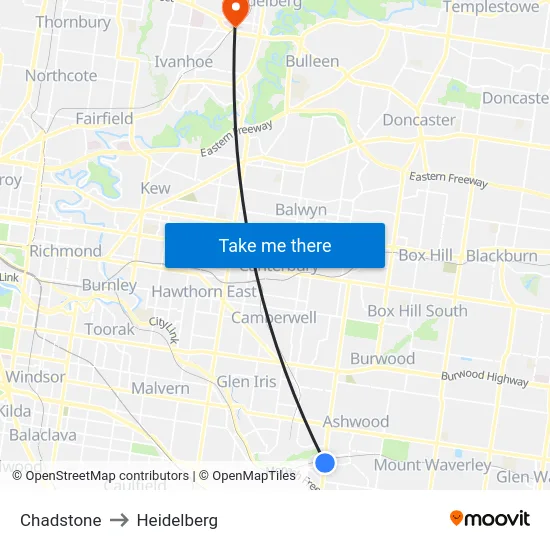 Chadstone to Heidelberg map