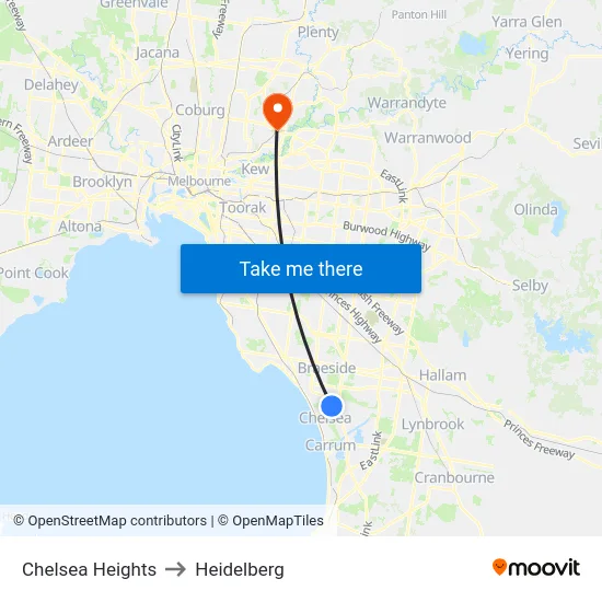 Chelsea Heights to Heidelberg map