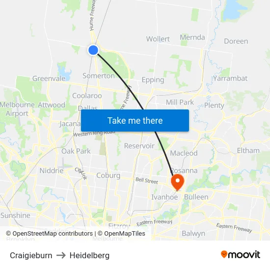 Craigieburn to Heidelberg map