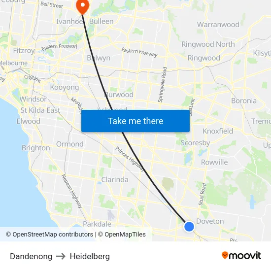 Dandenong to Heidelberg map
