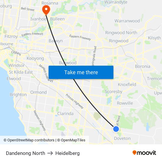 Dandenong North to Heidelberg map