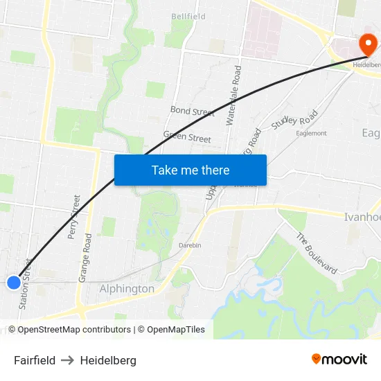 Fairfield to Heidelberg map