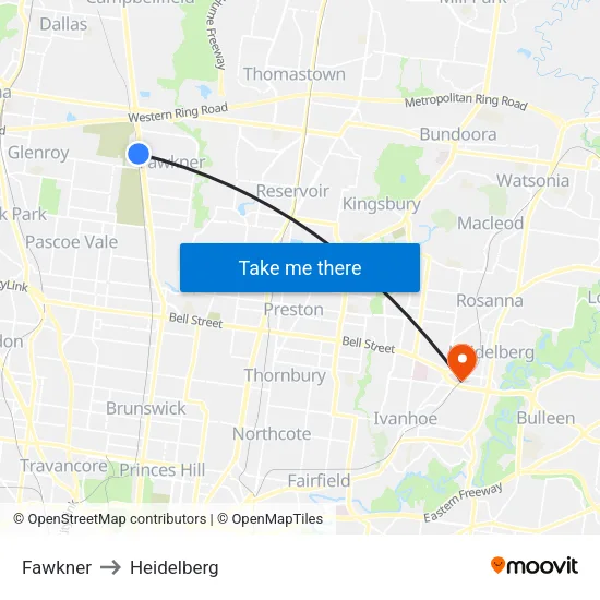 Fawkner to Heidelberg map