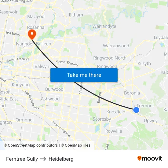 Ferntree Gully to Heidelberg map