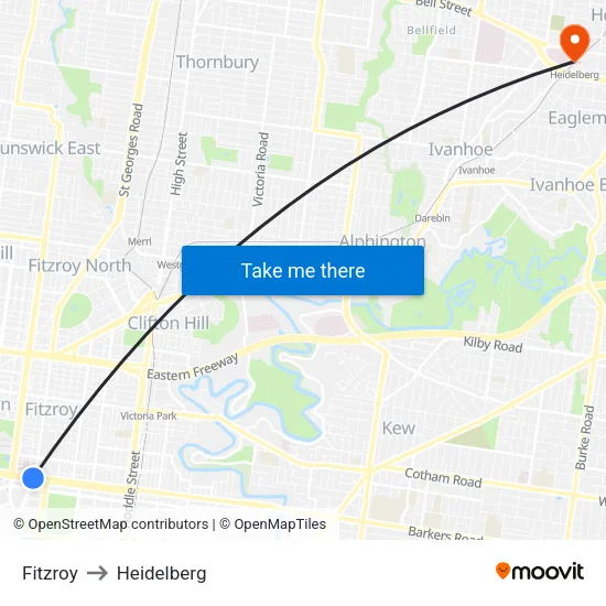Fitzroy to Heidelberg map
